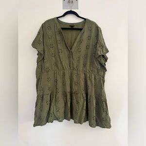 Torrid Plus Size 4 Olive Green Eyelet Tiered Peplum Tunic Blouse Top